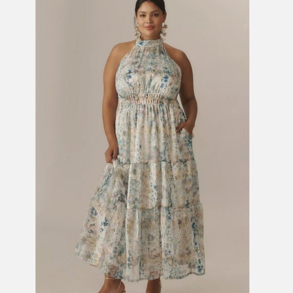 Anthropologie The Somerset Maxi Dress Halter Edition Blue Floral Size L NWT - Picture 5 of 7